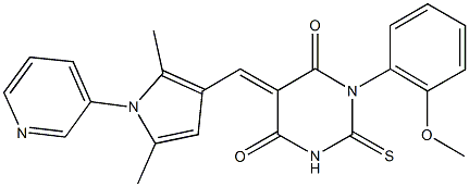 5-{[2,5-dimethyl-1-(3-pyridinyl)-1H-pyrrol-3-yl]methylene}-1-(2-methoxyphenyl)-2-thioxodihydro-4,6(1H,5H)-pyrimidinedione Struktur