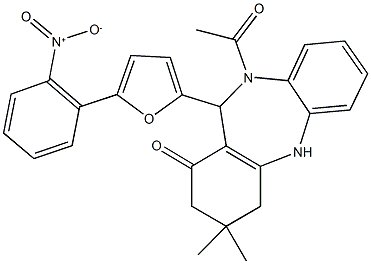 10-acetyl-11-(5-{2-nitrophenyl}-2-furyl)-3,3-dimethyl-2,3,4,5,10,11-hexahydro-1H-dibenzo[b,e][1,4]diazepin-1-one Struktur