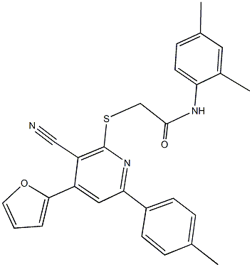 2-{[3-cyano-4-(2-furyl)-6-(4-methylphenyl)pyridin-2-yl]sulfanyl}-N-(2,4-dimethylphenyl)acetamide Struktur