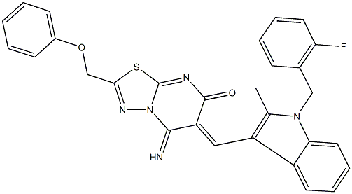 6-{[1-(2-fluorobenzyl)-2-methyl-1H-indol-3-yl]methylene}-5-imino-2-(phenoxymethyl)-5,6-dihydro-7H-[1,3,4]thiadiazolo[3,2-a]pyrimidin-7-one Struktur