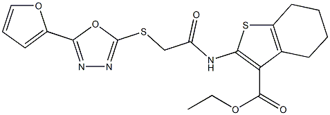 ethyl2-[({[5-(2-furyl)-1,3,4-oxadiazol-2-yl]thio}acetyl)amino]-4,5,6,7-tetrahydro-1-benzothiophene-3-carboxylate Struktur