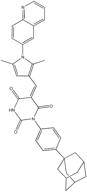 1-[4-(1-adamantyl)phenyl]-5-{[2,5-dimethyl-1-(6-quinolinyl)-1H-pyrrol-3-yl]methylene}-2,4,6(1H,3H,5H)-pyrimidinetrione Struktur