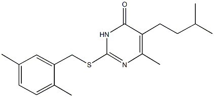 2-[(2,5-dimethylbenzyl)sulfanyl]-5-isopentyl-6-methyl-4(3H)-pyrimidinone Struktur