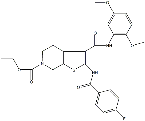 ethyl 3-[(2,5-dimethoxyanilino)carbonyl]-2-[(4-fluorobenzoyl)amino]-4,7-dihydrothieno[2,3-c]pyridine-6(5H)-carboxylate Struktur