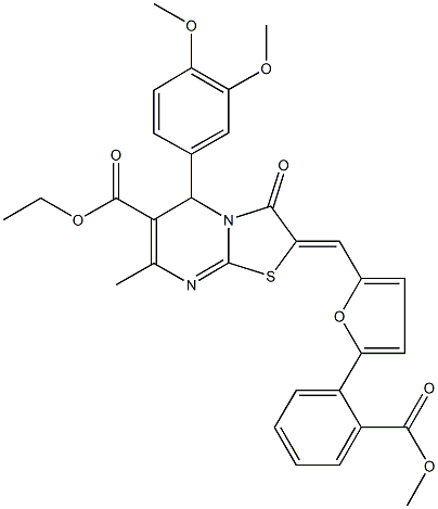 ethyl 5-(3,4-dimethoxyphenyl)-2-({5-[2-(methoxycarbonyl)phenyl]-2-furyl}methylene)-7-methyl-3-oxo-2,3-dihydro-5H-[1,3]thiazolo[3,2-a]pyrimidine-6-carboxylate Struktur