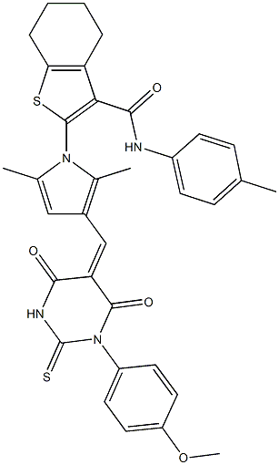 2-{3-[(1-(4-methoxyphenyl)-4,6-dioxo-2-thioxotetrahydro-5(2H)-pyrimidinylidene)methyl]-2,5-dimethyl-1H-pyrrol-1-yl}-N-(4-methylphenyl)-4,5,6,7-tetrahydro-1-benzothiophene-3-carboxamide Struktur