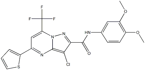 3-chloro-N-(3,4-dimethoxyphenyl)-5-(2-thienyl)-7-(trifluoromethyl)pyrazolo[1,5-a]pyrimidine-2-carboxamide Struktur