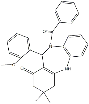 10-benzoyl-11-(2-methoxyphenyl)-3,3-dimethyl-2,3,4,5,10,11-hexahydro-1H-dibenzo[b,e][1,4]diazepin-1-one Struktur