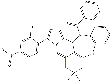 10-benzoyl-11-(5-{2-chloro-4-nitrophenyl}-2-furyl)-3,3-dimethyl-2,3,4,5,10,11-hexahydro-1H-dibenzo[b,e][1,4]diazepin-1-one Struktur