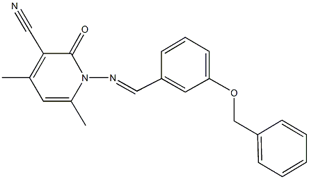 1-{[3-(benzyloxy)benzylidene]amino}-4,6-dimethyl-2-oxo-1,2-dihydropyridine-3-carbonitrile Struktur