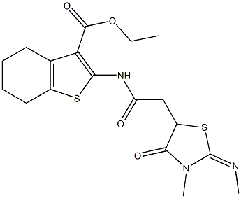 ethyl 2-({[3-methyl-2-(methylimino)-4-oxo-1,3-thiazolidin-5-yl]acetyl}amino)-4,5,6,7-tetrahydro-1-benzothiophene-3-carboxylate Struktur