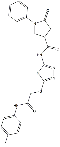 N-(5-{[2-(4-fluoroanilino)-2-oxoethyl]sulfanyl}-1,3,4-thiadiazol-2-yl)-5-oxo-1-phenyl-3-pyrrolidinecarboxamide Struktur