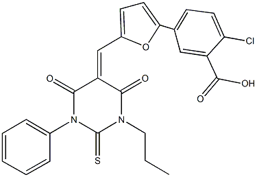 2-chloro-5-{5-[(4,6-dioxo-1-phenyl-3-propyl-2-thioxotetrahydro-5(2H)-pyrimidinylidene)methyl]-2-furyl}benzoic acid Struktur