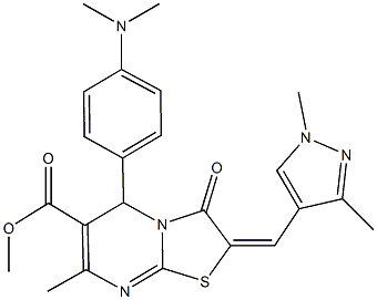 methyl 5-[4-(dimethylamino)phenyl]-2-[(1,3-dimethyl-1H-pyrazol-4-yl)methylene]-7-methyl-3-oxo-2,3-dihydro-5H-[1,3]thiazolo[3,2-a]pyrimidine-6-carboxylate Struktur