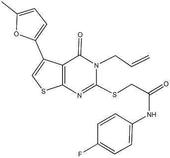 2-{[3-allyl-5-(5-methyl-2-furyl)-4-oxo-3,4-dihydrothieno[2,3-d]pyrimidin-2-yl]sulfanyl}-N-(4-fluorophenyl)acetamide Struktur