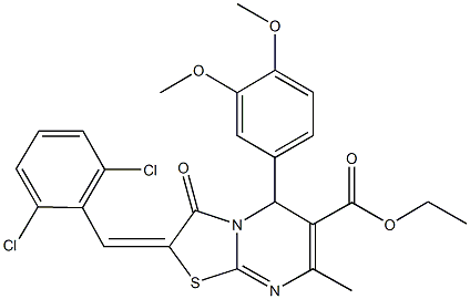 ethyl 2-(2,6-dichlorobenzylidene)-5-(3,4-dimethoxyphenyl)-7-methyl-3-oxo-2,3-dihydro-5H-[1,3]thiazolo[3,2-a]pyrimidine-6-carboxylate Struktur