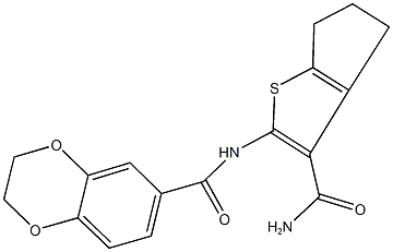 N-[3-(aminocarbonyl)-5,6-dihydro-4H-cyclopenta[b]thien-2-yl]-2,3-dihydro-1,4-benzodioxine-6-carboxamide Struktur