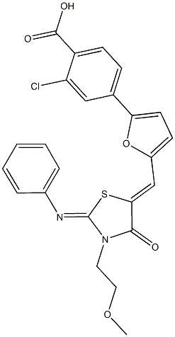 2-chloro-4-(5-{[3-(2-methoxyethyl)-4-oxo-2-(phenylimino)-1,3-thiazolidin-5-ylidene]methyl}-2-furyl)benzoic acid Struktur