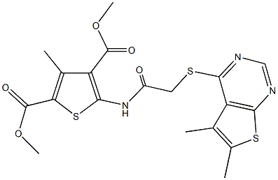 dimethyl 5-({[(5,6-dimethylthieno[2,3-d]pyrimidin-4-yl)sulfanyl]acetyl}amino)-3-methyl-2,4-thiophenedicarboxylate Struktur