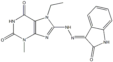 7-ethyl-3-methyl-8-[2-(2-oxo-1,2-dihydro-3H-indol-3-ylidene)hydrazino]-3,7-dihydro-1H-purine-2,6-dione Struktur