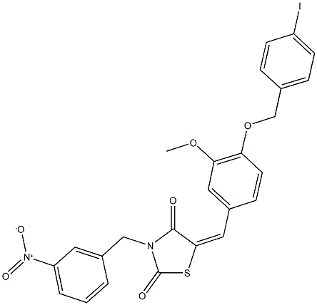 3-{3-nitrobenzyl}-5-{4-[(4-iodobenzyl)oxy]-3-methoxybenzylidene}-1,3-thiazolidine-2,4-dione Struktur