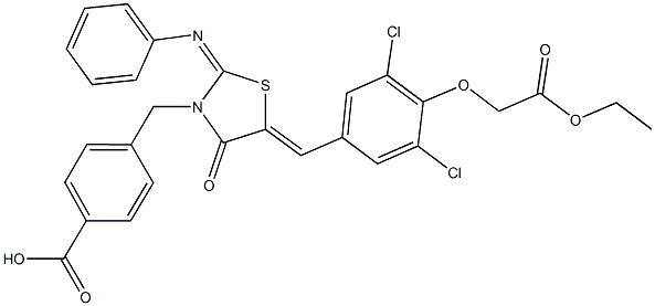 4-{[5-[3,5-dichloro-4-(2-ethoxy-2-oxoethoxy)benzylidene]-4-oxo-2-(phenylimino)-1,3-thiazolidin-3-yl]methyl}benzoic acid Struktur