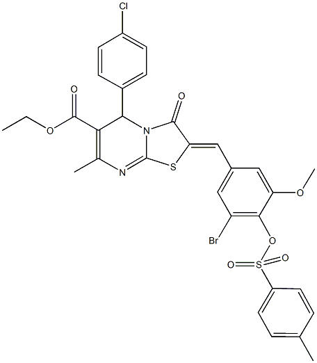 ethyl 2-(3-bromo-5-methoxy-4-{[(4-methylphenyl)sulfonyl]oxy}benzylidene)-5-(4-chlorophenyl)-7-methyl-3-oxo-2,3-dihydro-5H-[1,3]thiazolo[3,2-a]pyrimidine-6-carboxylate Struktur