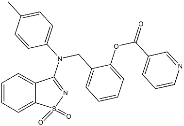 2-{[(1,1-dioxido-1,2-benzisothiazol-3-yl)-4-methylanilino]methyl}phenyl nicotinate Struktur