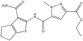 ethyl 5-({[3-(aminocarbonyl)-5,6-dihydro-4H-cyclopenta[b]thien-2-yl]amino}carbonyl)-1-methyl-1H-pyrazole-3-carboxylate Struktur