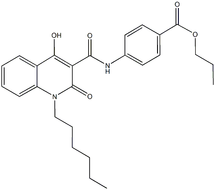 propyl 4-{[(1-hexyl-4-hydroxy-2-oxo-1,2-dihydroquinolin-3-yl)carbonyl]amino}benzoate Struktur