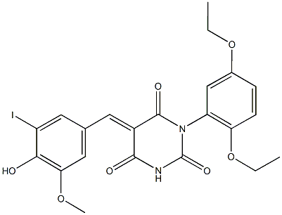 1-(2,5-diethoxyphenyl)-5-(4-hydroxy-3-iodo-5-methoxybenzylidene)-2,4,6(1H,3H,5H)-pyrimidinetrione Struktur