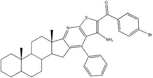 (10-amino-4a,6a-dimethyl-11-phenyl-2,3,4,4a,4b,5,6,6a,12,12a,12b,13,14,14a-tetradecahydro-1H-naphtho[2',1':4,5]indeno[1,2-b]thieno[3,2-e]pyridin-9-yl)(4-bromophenyl)methanone Struktur