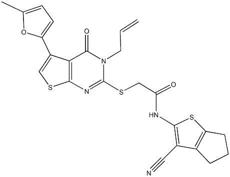 2-{[3-allyl-5-(5-methyl-2-furyl)-4-oxo-3,4-dihydrothieno[2,3-d]pyrimidin-2-yl]sulfanyl}-N-(3-cyano-5,6-dihydro-4H-cyclopenta[b]thien-2-yl)acetamide Struktur