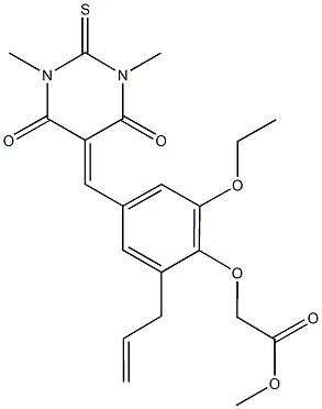 methyl {2-allyl-4-[(1,3-dimethyl-4,6-dioxo-2-thioxotetrahydro-5(2H)-pyrimidinylidene)methyl]-6-ethoxyphenoxy}acetate Struktur