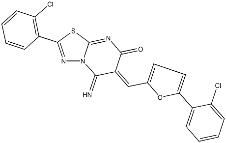 2-(2-chlorophenyl)-6-{[5-(2-chlorophenyl)-2-furyl]methylene}-5-imino-5,6-dihydro-7H-[1,3,4]thiadiazolo[3,2-a]pyrimidin-7-one Struktur