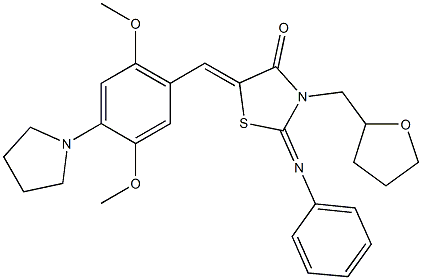 5-[2,5-dimethoxy-4-(1-pyrrolidinyl)benzylidene]-2-(phenylimino)-3-(tetrahydro-2-furanylmethyl)-1,3-thiazolidin-4-one Struktur