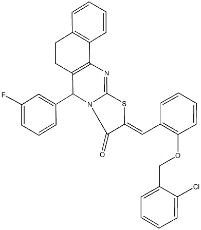 10-{2-[(2-chlorobenzyl)oxy]benzylidene}-7-(3-fluorophenyl)-5,7-dihydro-6H-benzo[h][1,3]thiazolo[2,3-b]quinazolin-9(10H)-one Struktur