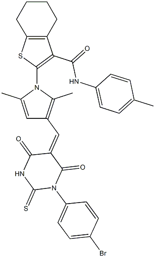 2-{3-[(1-(4-bromophenyl)-4,6-dioxo-2-thioxotetrahydro-5(2H)-pyrimidinylidene)methyl]-2,5-dimethyl-1H-pyrrol-1-yl}-N-(4-methylphenyl)-4,5,6,7-tetrahydro-1-benzothiophene-3-carboxamide Struktur