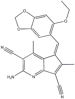 2-amino-5-[(6-ethoxy-1,3-benzodioxol-5-yl)methylene]-4,6-dimethyl-5H-cyclopenta[b]pyridine-3,7-dicarbonitrile Struktur