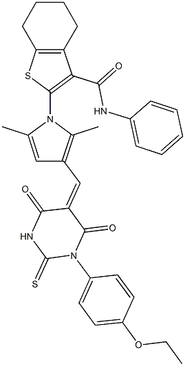 2-{3-[(1-(4-ethoxyphenyl)-4,6-dioxo-2-thioxotetrahydro-5(2H)-pyrimidinylidene)methyl]-2,5-dimethyl-1H-pyrrol-1-yl}-N-phenyl-4,5,6,7-tetrahydro-1-benzothiophene-3-carboxamide Struktur