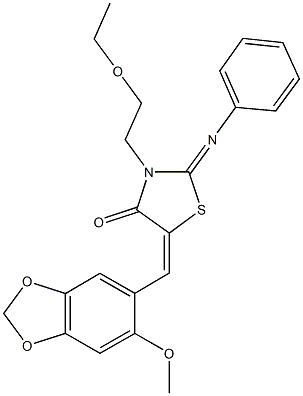 3-(2-ethoxyethyl)-5-[(6-methoxy-1,3-benzodioxol-5-yl)methylene]-2-(phenylimino)-1,3-thiazolidin-4-one Struktur