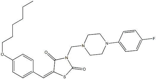 3-{[4-(4-fluorophenyl)-1-piperazinyl]methyl}-5-[4-(hexyloxy)benzylidene]-1,3-thiazolidine-2,4-dione Struktur