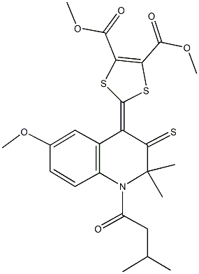 dimethyl 2-(6-methoxy-2,2-dimethyl-1-(3-methylbutanoyl)-3-thioxo-2,3-dihydro-4(1H)-quinolinylidene)-1,3-dithiole-4,5-dicarboxylate Struktur