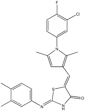 5-{[1-(3-chloro-4-fluorophenyl)-2,5-dimethyl-1H-pyrrol-3-yl]methylene}-2-[(3,4-dimethylphenyl)imino]-1,3-thiazolidin-4-one Struktur