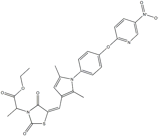 ethyl 2-[5-({1-[4-({5-nitro-2-pyridinyl}oxy)phenyl]-2,5-dimethyl-1H-pyrrol-3-yl}methylene)-2,4-dioxo-1,3-thiazolidin-3-yl]propanoate Struktur