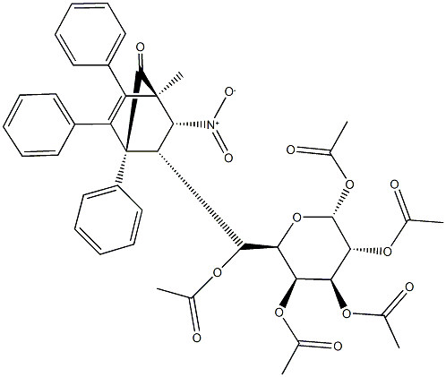 1,2,3,4,6-penta-O-acetyl-6-C-{3-nitro-4-methyl-7-oxo-1,5,6-triphenylbicyclo[2.2.1]hept-5-en-2-yl}hexopyranose Struktur