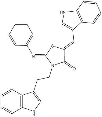 3-[2-(1H-indol-3-yl)ethyl]-5-(1H-indol-3-ylmethylene)-2-(phenylimino)-1,3-thiazolidin-4-one Struktur