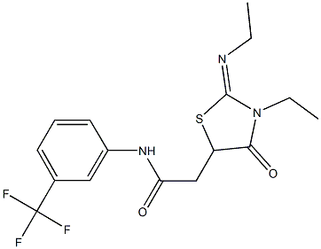 2-[3-ethyl-2-(ethylimino)-4-oxo-1,3-thiazolidin-5-yl]-N-[3-(trifluoromethyl)phenyl]acetamide Struktur