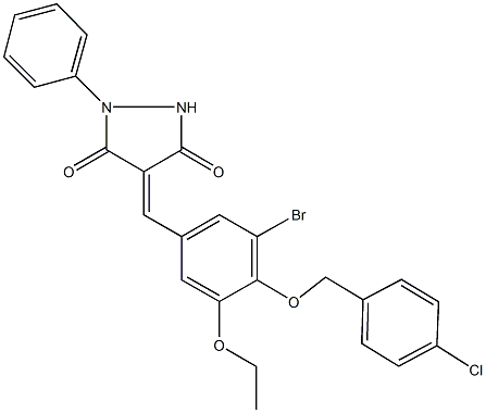 4-{3-bromo-4-[(4-chlorobenzyl)oxy]-5-ethoxybenzylidene}-1-phenyl-3,5-pyrazolidinedione Struktur