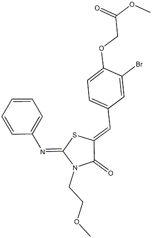 methyl (2-bromo-4-{[3-(2-methoxyethyl)-4-oxo-2-(phenylimino)-1,3-thiazolidin-5-ylidene]methyl}phenoxy)acetate Struktur